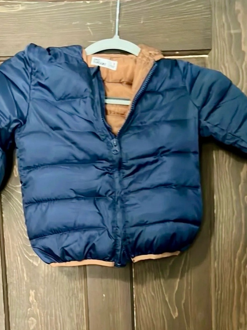 Epic Threads Kids Reversible Puffer Jacket - Navy & Tan.  Packs in a Bear Bag